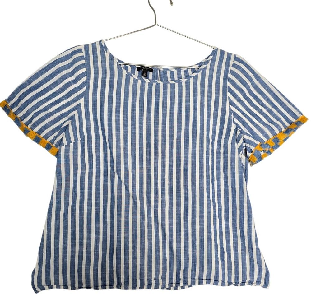 Talbots Womens Large Petite Striped Top Yellow Fringe Zip Coastal Boho Blouse